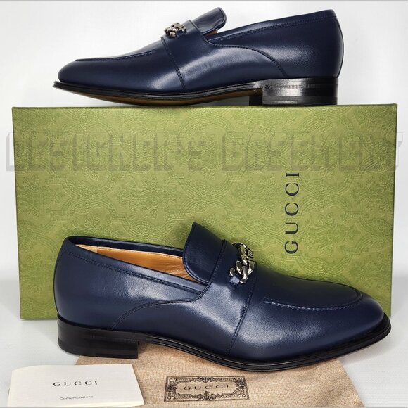 Gucci 8 blue Agata lambskin Leather Interlocking G chain detail Loafer Shoes NIB - Picture 2 of 8